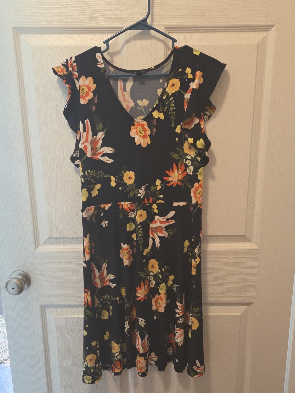 Ann Taylor Factory Navy Blur Floral V-Neck Midi Dress with Yellow & Coral Blooms
